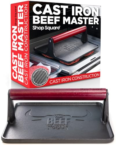 The Beef Master Cast Iron Grill Press - XL Burger Press, Pre-Seasoned Griddle Press, Heavy Duty Meat Press for Bacon, Burgers, and Steak with Cool Touch Handle - 10”x10”x4”