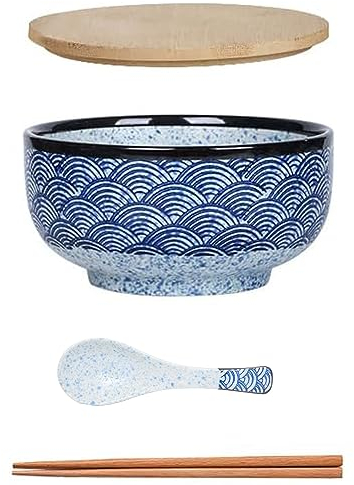 Japanischer Ramen Schüssel Großer Suppenschüssel mit Deckel Löffel，Vintage Ramen Bowl aus Keramik，Salatschüsseln，Instant Nudel Schüssel - 900 ml (Wasser kräuseln)