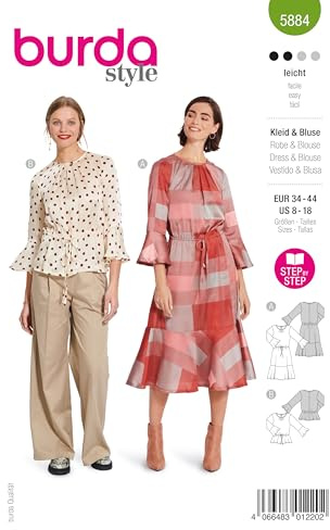Burda Schnittmuster, 5884, Kleid und Bluse selber nähen [Damen, Gr. 34-44] Level 2 für Anfänger