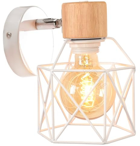 Lampada da Parete E27 Industriale Applique da Parete in Legno el Metallo Illuminazione a Soffitto Vintage Regolabile Gabbia 16CM Lampada a Muro per Camera da Letto Corridoio (Applique - 1 Pezzo)