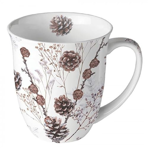 Ambiente Henkeltasse 0,4 l Fine Bone China Porzellan Tulpenform Tasse Wintermotiv Zapfen pine cones 4 Liter Spühlmaschinen und Mikrowellen geeignet