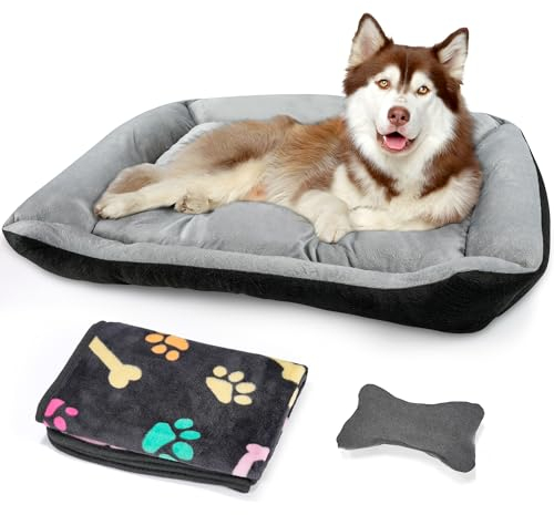 Hundebett Mittelgroße Hunde, mit erhöhte Ränder und abwaschbar Hundebetten, Hundematratze mit rutschfestem Boden, Hundematte für große mittelgroße Hunde-80×60×15cm (Grau)