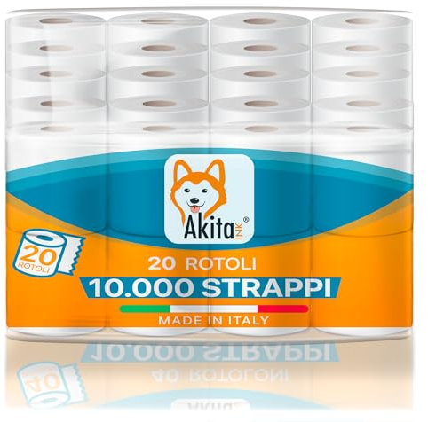 Akitaink 20 rotoli di Carta Igienica 2 Veli 10000 Strappi Totali, Pura cellulosa, Morbida e resistente, Delicata sulla Pelle, Dermatologicamente Testata, Carta 100% Certificata FSC® Made in Italy