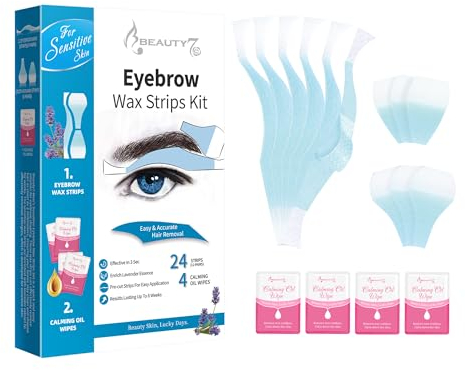 Beauty7 Augenbrauen Wachsstreifen Fit Wax Strips vorgeschnitten augenbrauen wachs 24stk augenbrauen wax streifen mit 4stk Reiniger Öl Tücher enthaarungsstreifen Geeignet für sensible Haut Männer