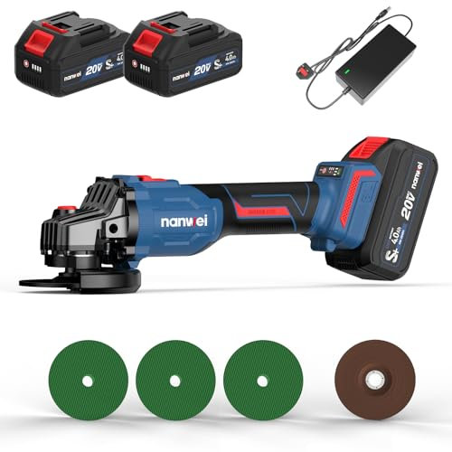 NANWEI Cordless Angle Grinder Compatible with Makita 18V Battery, 125mm Angle Grinder with 2×4.0Ah Li-ion Batteries and Charger, Power Tools with Side Handle and Discs, 3-Speed Mode (with Batteries)