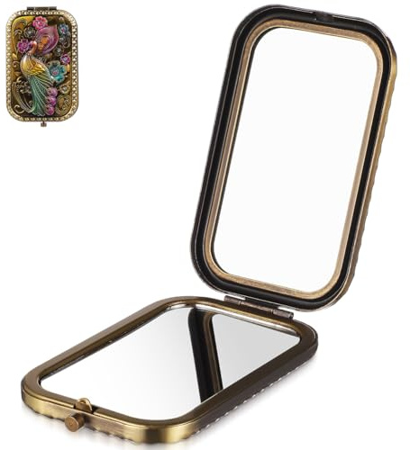 Healeved Miroir Compact Pliant Vintage en Métal Double Face Miroir De Poche Rond Portable pour Maquillage Retouches Précises Accessoire Élégant De Voyage