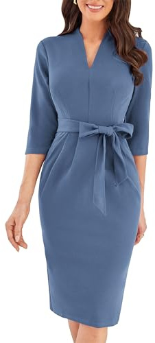 GRACE KARIN Robe Fourreau Femme Longueur Genou Col V Manches 3/4 Robe Moulante Élégante Gris-Bleu S