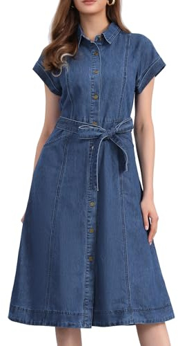 Allegra K Denim Dress for Women's Casual Button Down Short Sleeves Belted Midi Dress Dark Blue L
