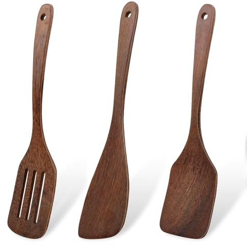 Spatola in legno biologico, 3 set di utensili da cucina in legno, 1 x 32 x 8 cm e 2 x 30,5 x 7,8 cm, eleganti accessori da cucina in legno, manico lungo per l'uso in cucina familiare e sala da pranzo