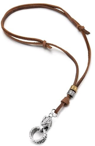 COOLSTEELANDBEYOND Hombre Cordón de Cuero Collar con Cabeza de Lobo y Anillos Colgante, Rústico Animal Joyería, Ajustable Algodón