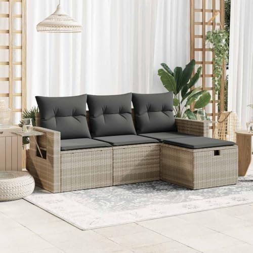 IKAYAA 4-TLG. Garten-Sofagarnitur mit Kissen Hellgrau Poly Rattan,Sofa Balkon,Outdoor Sofa,Loungemöbel,Garten Lounge,Gartenmobel Set,Garten Sofa,Terrassenmöbel,Balkon Lounge,Lounge