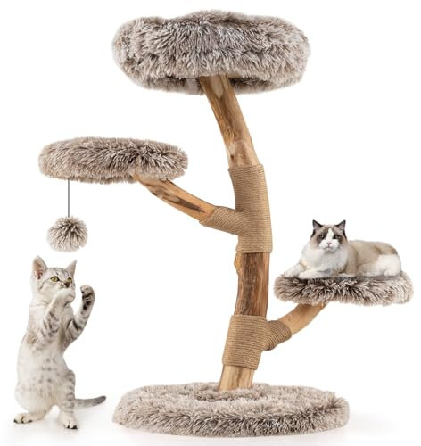 GYMAX Cat Tree, Solid Pear Wood Cat Tower with Sisal Scratching Posts, Perch, Soft Long Plush, Multi-Level Kitty Climbing Tower for Indoor Cats (52 x 52 x 92 cm)