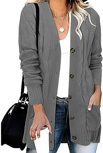 Cardigan Femme Grande Taille Gilet Femme Chic Et Elegant Manches Longues Hiver Gilet Ouvert Tricot Couleur Unie Cardigan Col en V Chaud Pas Cher Sweater Blouson avec Boutons Gris M