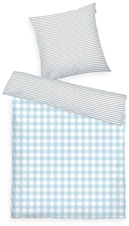 Tom Tailor Linge de lit en Flanelle, 60 x 80 cm + 140 x 200 cm, 100% Coton/Flanelle, avec Motif réversible et Fermeture éclair colorée, Classic Check Gris, Bleu Clair (Light Grey & Sky Blue)