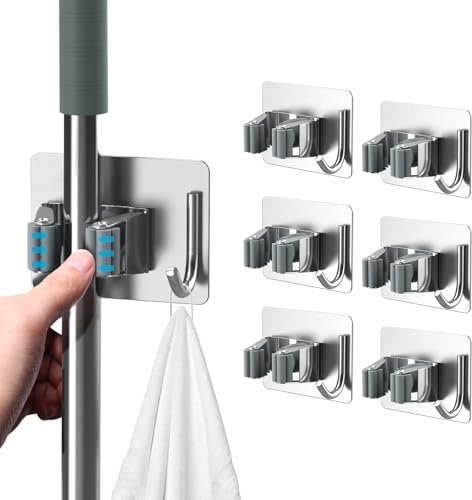 homeasy Mop Broom Holder, Stainless Steel Wall Mounted Rack, 6 Pcs, Silver | 6 pcs self adhesive mop holders with hooks, waterproof stainless steel rack for bathroom, kitchen, garage and garden storage