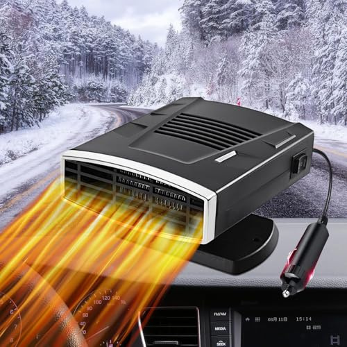 WEQNGIU Car Heater, 12V 200W Portable Car Heater, 2 in 1 Heating & Cooling Fan, Portable Heater with Cigarette Lighter Plug, 360° Rotatable Windshield Defogger Defroster for Most Cars