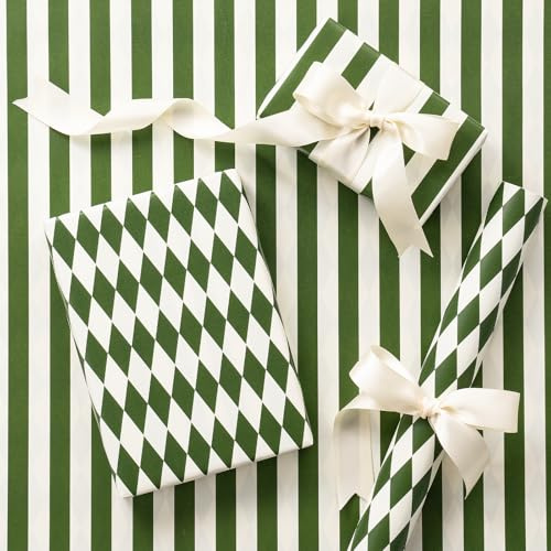 RUSPEPA Rotolo Mini di Carta da Regalo Reversibile Verde – Righe Oliva e Crema & Motivo Diamante – Per Compleanni, Matrimoni, Baby Shower, Pasqua, Regali Primaverili, Vacanze – 43,2 cm x 5 m