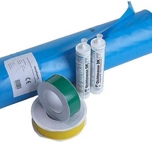 50m² Dampfsperrsystem 5 tlg.- 2x Dampfsperr- Klebeband, 2x Klebedichtmasse, 1x Dampfsperrfolie 2m x 25m Dampfsperrfolie Dachabdichtung Dampfsperre Dampfbremse Dachfolie Dach abdichten Set Abdichtset