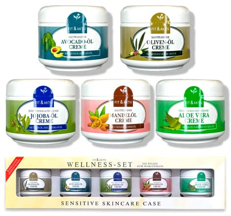 Original Fit&Aktiv Wellness-Set 5 Cremes (125ml) aus Jojobaöl, Mandelöl, Aloe Vera, Avocadoöl und Olivenöl (Welness Set 5x 125ml)