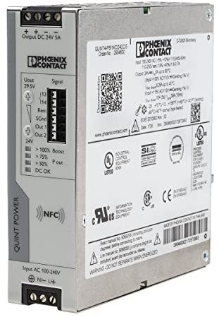 PHOENIX CONTACT QUINT4-PS/1AC/24DC/5 Primary Clocked Power Supply, SFB Technology and NFC Interface, 1-Phase Input, 24V DC/5A Output