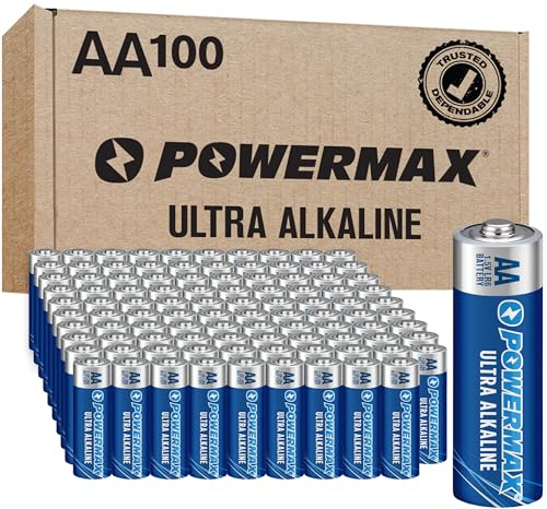 Powermax 100-Count Double AA Batteries, Ultra Long Lasting Alkaline Battery for Home and Office, 10-Year Shelf Life, Reclosable Packaging