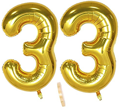 2 globos numeros 33 años, Number globo número 33 Dorado para Hombres Mujeres niños,40 Figuras Gold globo de lámina de helio inflable, gigante grande decoración fiesta de cumpleaños boda (xxxl 100cm)