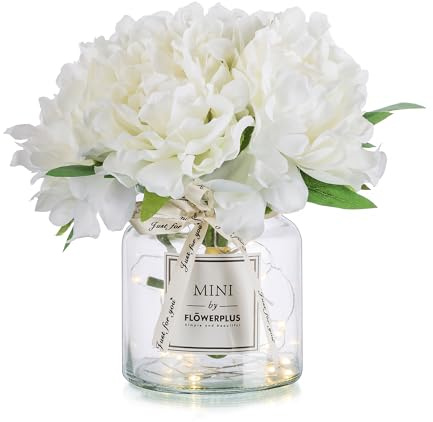 BLOSMON Fake Flowers in Vase for Table: White Artificial Hydrangea with Glass Vase LED Light for Centerpieces Decor - Small Faux Arrangements Desk Vanity Bathroom Office Decoration