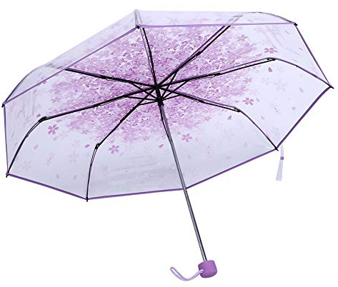 Ejoyous Ombrello, 1 ombrello pieghevole trasparente alla moda da principessa con fiori di ciliegio colori Ombrello Antivento per Donne e Ragazze Viola luminoso