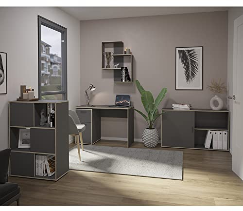 Lomadox Büromöbel Komplett Set, 4-teilig (Schreibtisch, Raumtrenner, Aktenschrank mit Schiebetür, Wandregal), in anthrazit mit Eiche-Kante