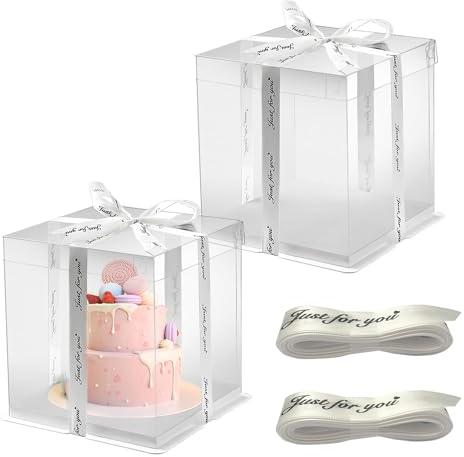 HYRYC 2pcs Cajas para Tartas Cajas para Pasteles Caja de Pastel Transparente 30 * 30 * 25cm Caja de Embalaje Pastel con Cinta para Transportar Tarta Exhibición de Postre (Blanco)