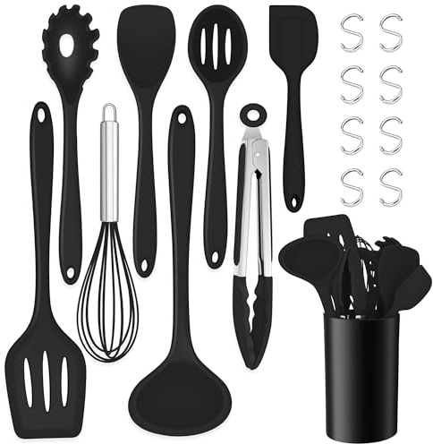 TEAMFAR Küchenhelfer Set, 17 Stück Silikon Küchenutensilien Kochbesteck Set, Hitzebeständiger Schwarz Kochutensilien mit Utensilienhalter, Giftfrei & Geruchsfrei, Antihaft & Spülmaschinenfest