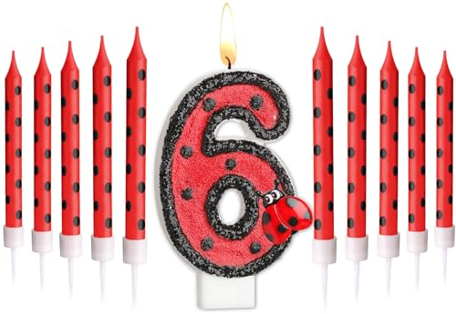 Herdear Marienkäfer Nummer 1-9 Geburtstag Kuchenkerze Ziffern Geburtstagskerzen Geburtstagsdeko Schwarz Rot Marienkäfer Punkt Tortenkerzen Marienkäfer Kerzen für 6. Geburtstag Baby Party (Nummer 6)