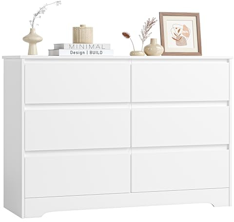 FOREHILL White Chest of Drawers Bedroom Storage Cabinet Wide Dresser with 6 Drawers Bedroom Furniture Wooden Sideboard 120x40x82cm