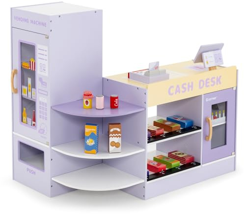 COSTWAY Pretend Play Shop, Kids Supermarket Playset with Vending Machine, Scanner, 13 Food Toys, Wooden Role Play Grocery Store for Children Ages 3+ (Purple)
