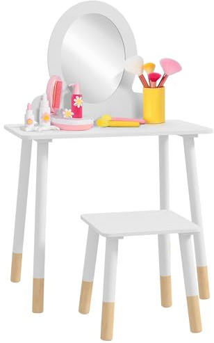 AIYAPLAY Ensemble Coiffeuse pour Enfants avec Tabouret, Coiffeuse 2 pièces pour Enfants de 3 à 6 Ans - Blanc