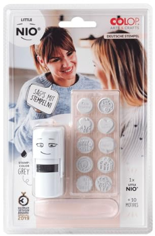 COLOP Little NIO stämpelset tyska texttempel. Innehåller en stämpelskrivare R17 inklusive grå färgkudde och 10 olika motiv med tyska textstämplar