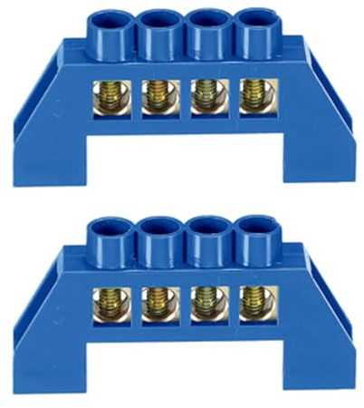 2Pcs Neutral Terminal Bar 4 Positions Brass Wire Screw Terminal Bus Bar Block Grounding Strip Blue Shell for Electrical Distribution