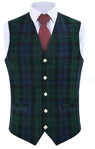 Hamilton Kilts Gilet in tartan con bottoni a forma di cardo, gilet tradizionale scozzese delle Highland, abito da festa, abito da sposa, Blackwatch, 40