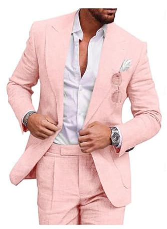 Linne män kostymset vardaglig smoking 2-delad normal passform blazer en knapp linnejacka och byxor bal bröllopsmiddag, Rosa, 46