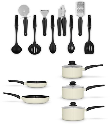Swan SWPS5022CRM Townhouse 14 Piece Aluminium Cookware and Tool Set with 16/18/20cm saucepans with Glass Lids and 20/26cm Frying Pans, Cream