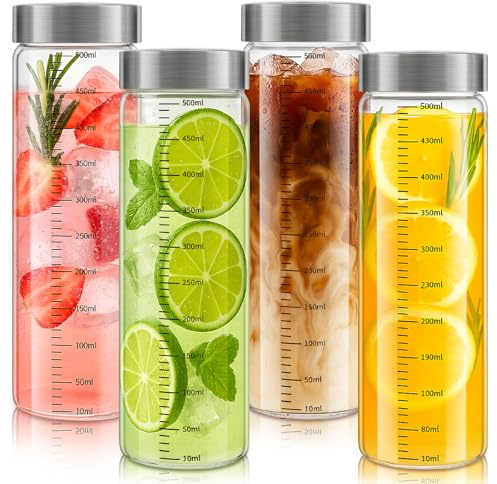 Acsatont Bottiglie di Vetro 500 ML con Coperchio in Acciaio Inossidabile, 4 Pezzi Bottiglie di Vetro con Scala di Misurazione, Bottiglia di Frullati Riutilizzabili Per Succhi, Latte, Senza BPA (500ML)