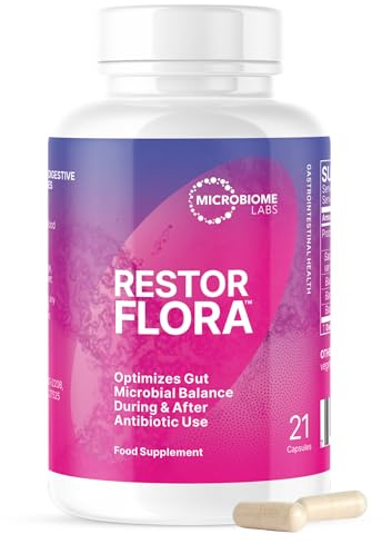 Microbiome Labs RestorFlora 21 – Vegan Probiotic Supplement with Saccharomyces boulardii and Bacillus Spores – Gut Health and Digestive Support – Yeast & Spore Probiotics for Men & Women, 21 Capsules