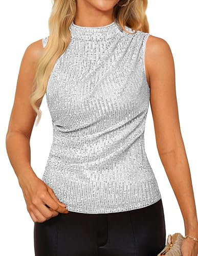 GRACE KARIN Top con paillettes da donna, eleganti top a incrocio sul collo, scintillanti, luccicanti, per la festa, il club, il cocktail, vestibilità aderente, top arricciati, Rosa, argento, XXL