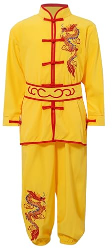 MSemis Disfraz Infantil de Artes Marciales Traje Tradicional Kung Fu Wushu Qi Gong Tai Chi Uniformes para Niños con Bordado de Dragón Estampado Chándales Amarillo 15-16 años