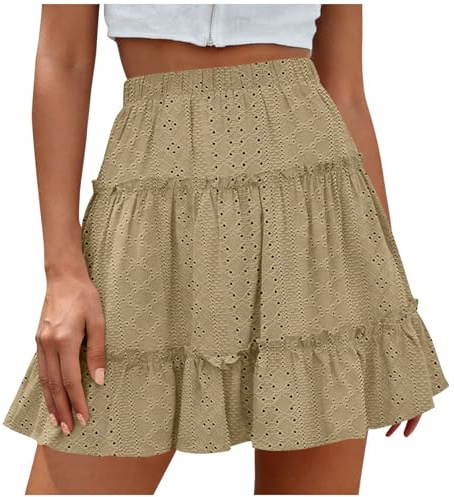Mini Jupe à Volants Femme - Jupe Courte Évasée en Broderie Anglaise Taille Haute Élastique Jupes d'été Légère et Fluide Style Boho pour Travail Vacances