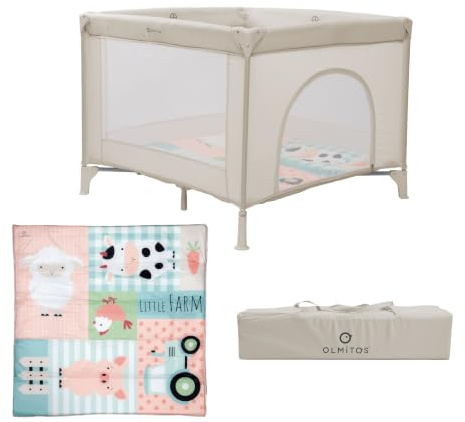 Olmitos Parque Infantil Bebé Cuadrado 100x100 cm | Parque de Juegos con 4 Lados de Red, Plegado Fácil y Puerta de Cremallera, Desde Nacimiento hasta 15kg | Incluye Bolsa y Mosquitera