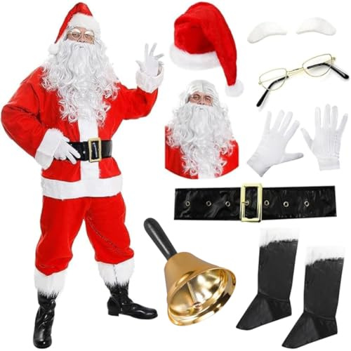 Deluxe Santa Costume – Father Christmas 11 Piece Fancy Dress Outfit with Jacket, Trousers, Wig, Beard, Hat, Boot Covers, Belt, Glasses, Gloves, Eyebrows & Bell – Premium Adult Santa Claus Costume Set