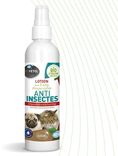 Biovetol - Lotion Anti-Insectes Bio - Insectifuge Bio Certifié Ecocert - Anti-puces, Anti-Tiques - Soin pour Chien, Chat, Chiot, Chaton - 240 ML