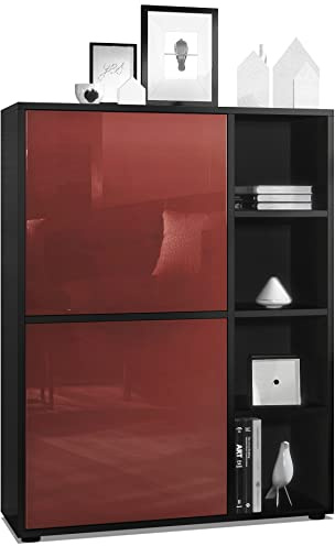 Vladon Highboard Schrank Anrichte Cuba mit 8 Fächern, Made in Germany, Korpus in Schwarz matt/Fronten in Bordeaux Hochglanz