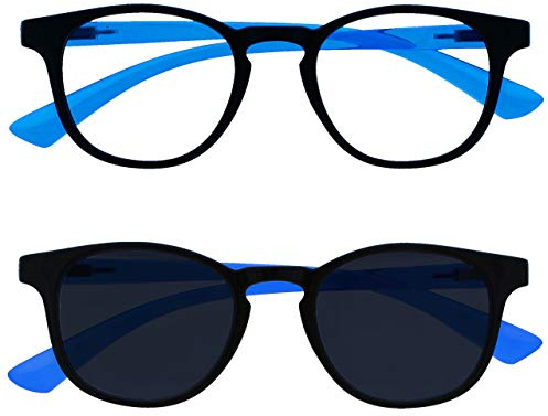 OPULIZE Enfants Double Pack Lumière Bleue Lunettes Avec Matching Lunettes De Soleil Garçons Filles Âge 6+ Noir Neon Bleu BS47-B